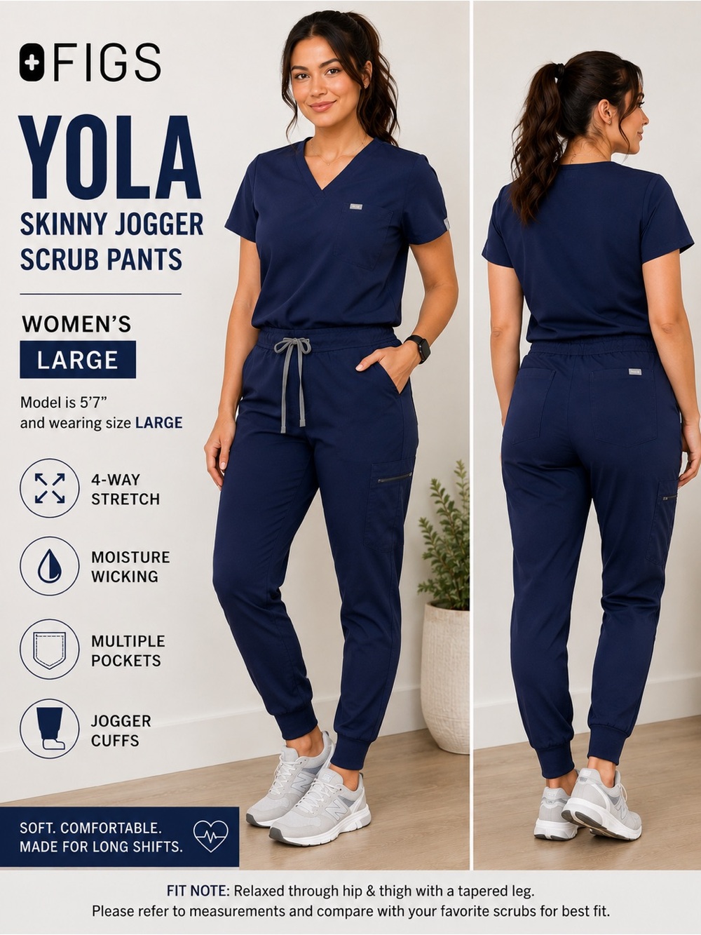 FIGS Yola Skinny Jogger Scrub Pants Women’s Large Navy Blue Stretch Performance